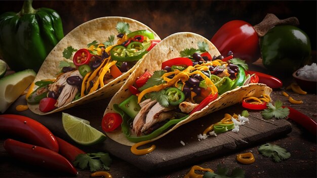 Three tacos on a wooden board with a red background