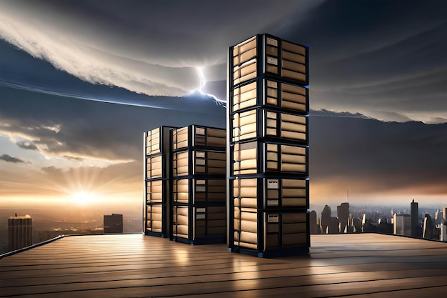 Three tall glass storage towers on a roof with a cloudy sky in the background.