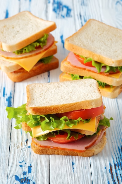 Three tasty sandwiches on rustic wooden background