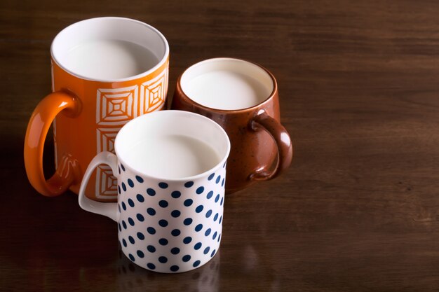 Three tea cups with milk