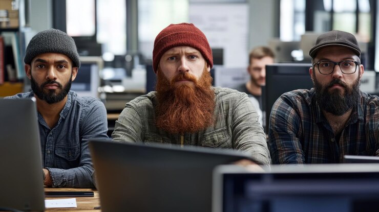 Photo three team members sit attentively at a desk in a contemporary office engaged in a collaborative project they showcase concentration and teamwork in their work environment