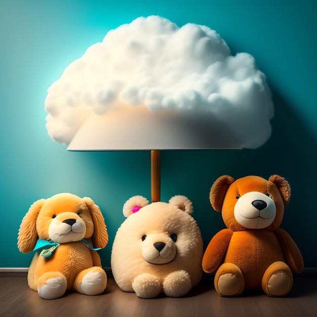 Three teddy bears are sitting under a white cloud that says teddy