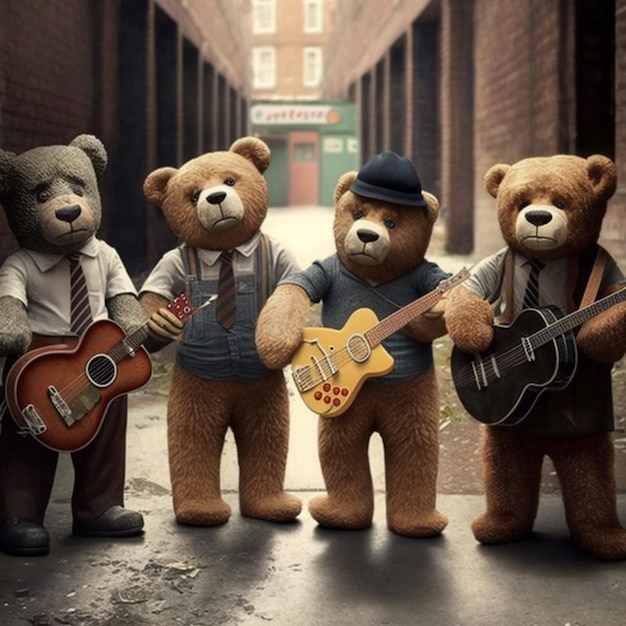 Three teddy bears are standing in a row with guitars generative ai