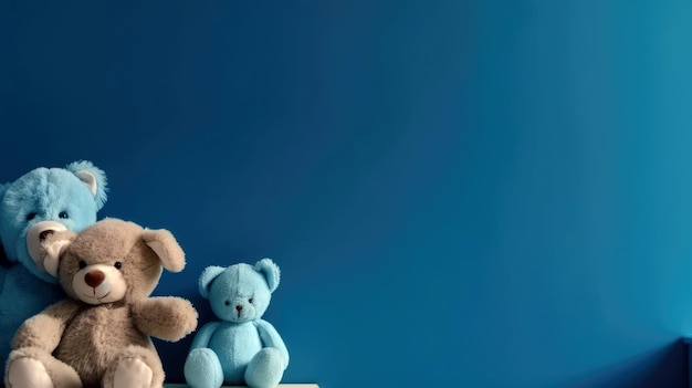 Three teddy bears sit on a table in front of a blue background.