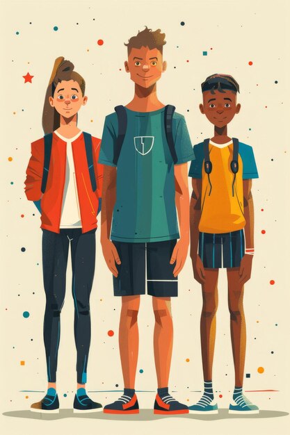 Photo three teenagers of different ethnicities wearing sporty clothes and backpacks