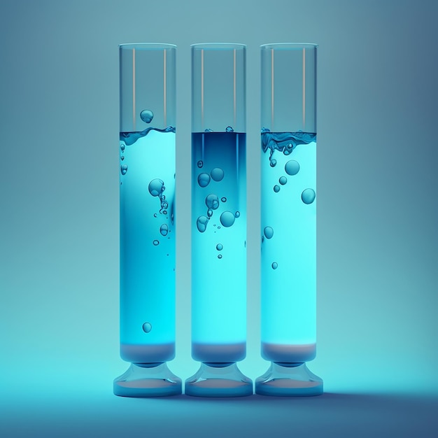 밝은 파란색 끓는 액체가 있는 세 개의 시험관