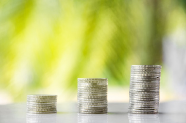 three thai coin stacks on plant background