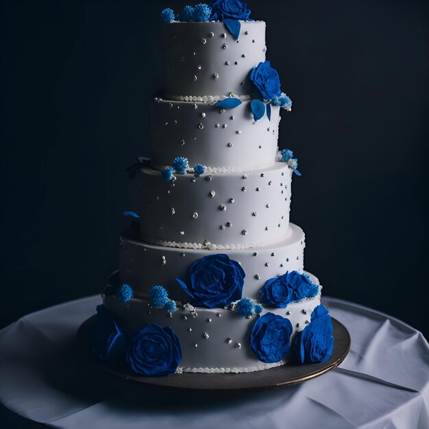 A three tiered cake with blue roses on top.