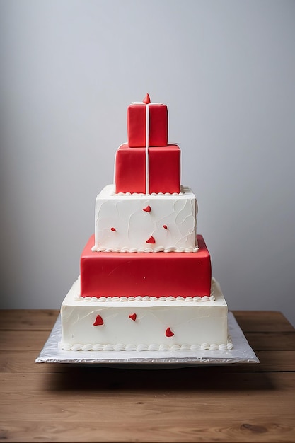 Foto una torta a tre livelli con un quadrato rosso in cima