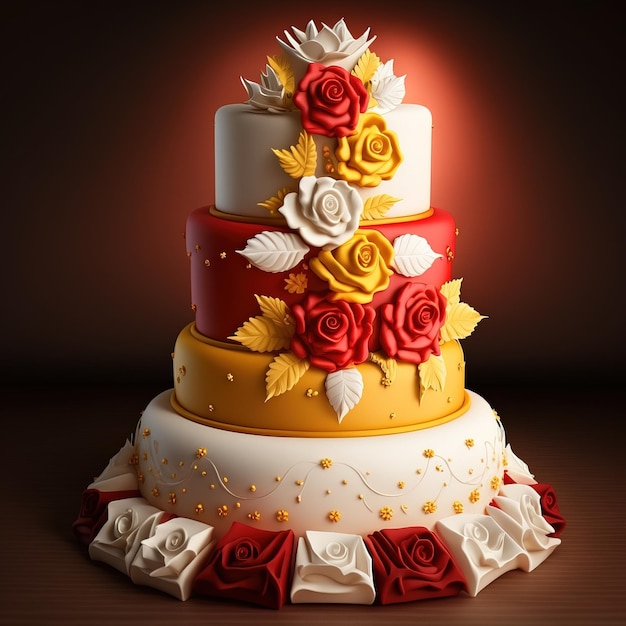 A three tiered cake with red and yellow roses on the top.