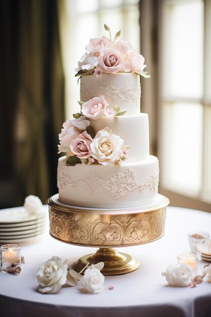 a three tiered wedding cake on a table