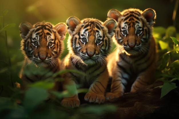 Three tiger babies portrait in jungle