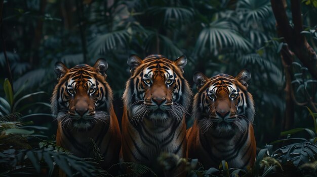 three tigers in jungle staring at each other