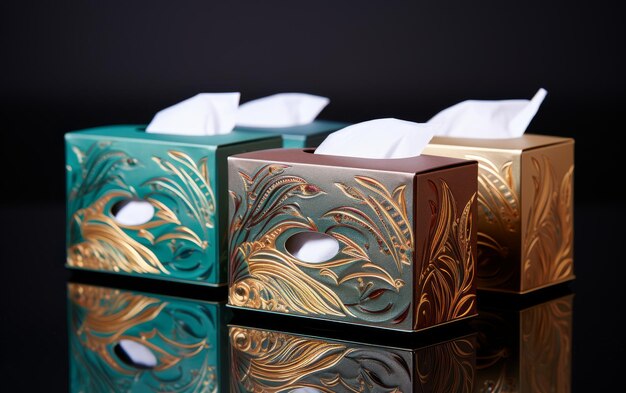 Photo three tissue dispensers each uniquely designed and colored add a splash of style to any space