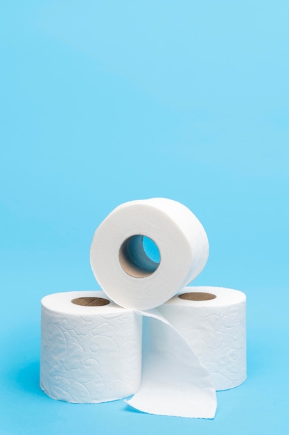 Three toilet paper rolls with copy space