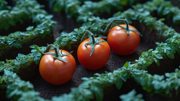 Three tomatoes are growing in a row of plants ai