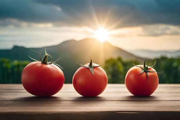 Three tomatoes on a table with a sunset in the background