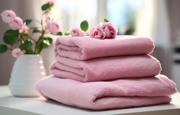 three towels are stacked on a bed