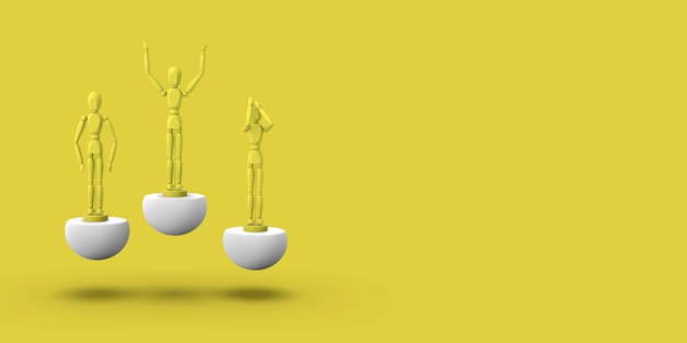 Three toy man of yellow color on a sports abstract pedestal