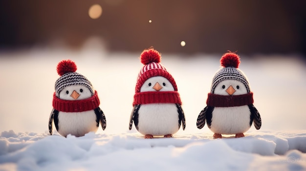 Three toy penguins in knitted hats and scarves stand on the snow closeup Winter concept