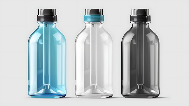 Photo three transparent plastic bottles with black caps the bottles are arranged in a row the background is white