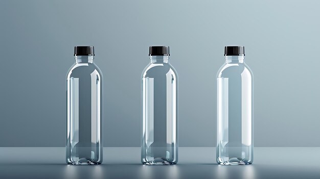 Photo three transparent plastic bottles with black caps on a pale blue background