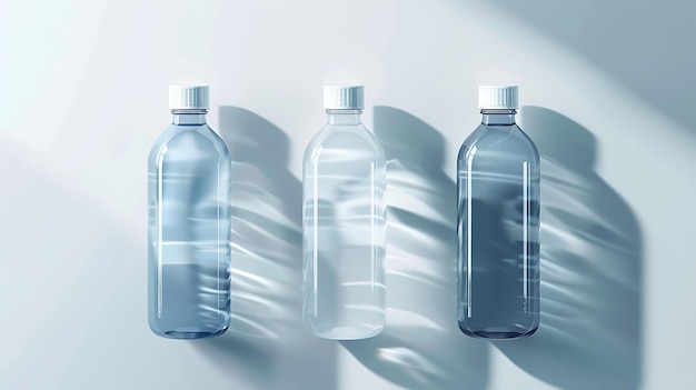 Photo three transparent plastic bottles with white caps on a white background the bottles are filled with a clear liquid and are arranged in a row