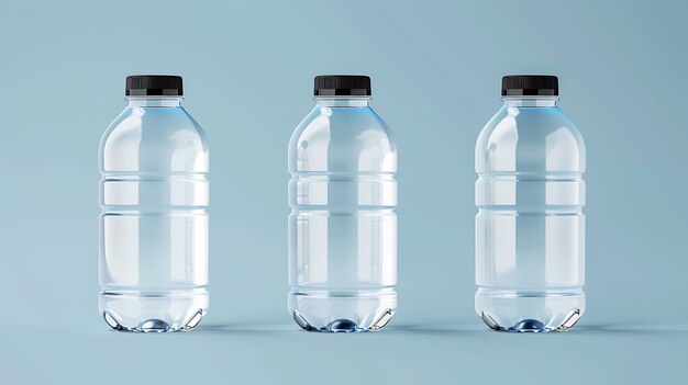 Photo three transparent plastic water bottles with black caps