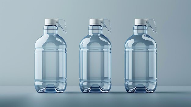 Photo three transparent plastic water bottles with white caps the bottles are arranged in a row on a solid blue background