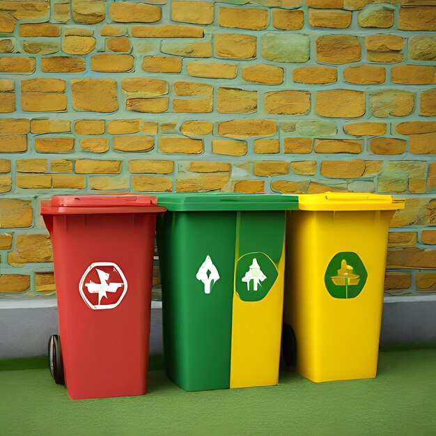 three trash cans with a green and yellow one with a red and green logo on the bottom