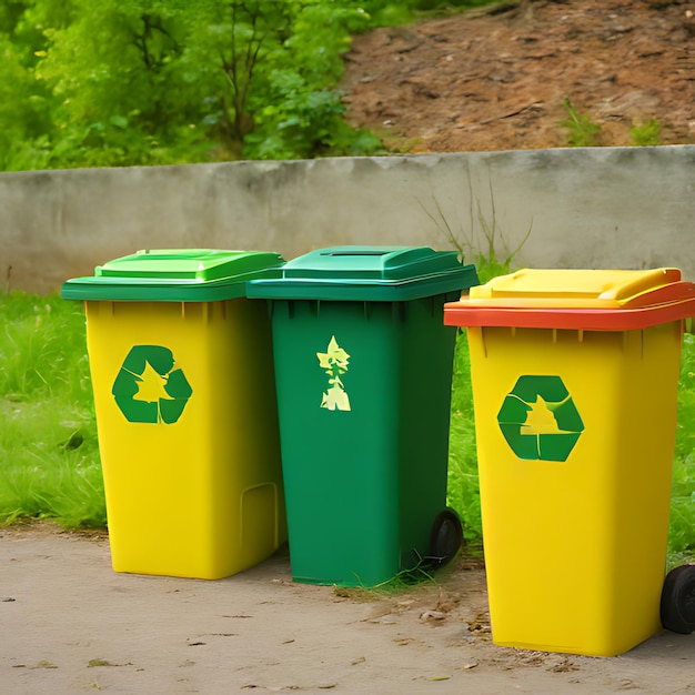 Photo three trash cans with one that says recycle on the bottom