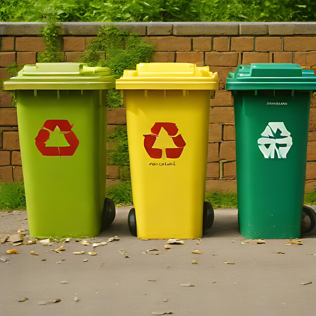 three trash cans with a recycle logo and a red recycle sign on the side