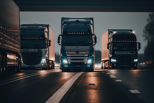 Foto tre camion passano sotto un ponte, uno dei quali dice 