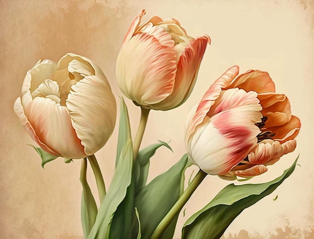 Three tulips on a beige background