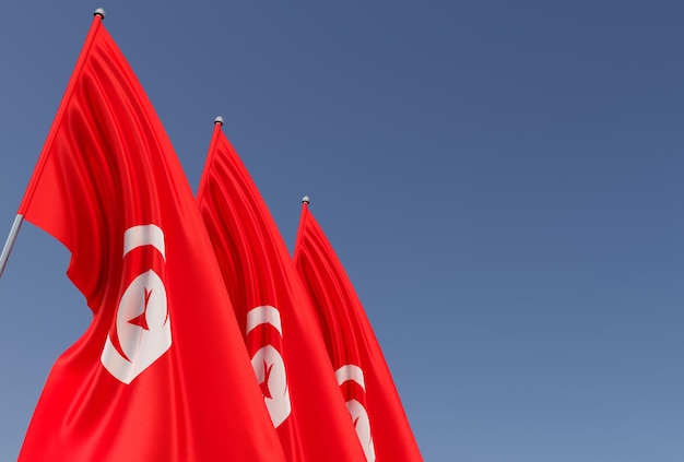 Three Tunisian flags on flagpole on blue background Place for text The flag is unfurling in wind North Africa 3D illustration