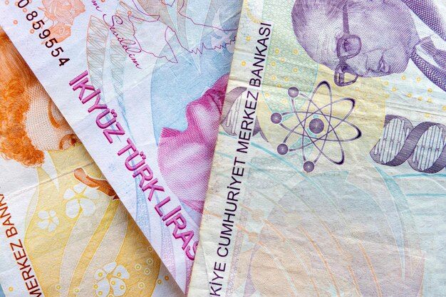 Three turkish lira banknotes closeup