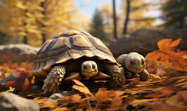 three turtles are on a pile of leaves and one is a turtle