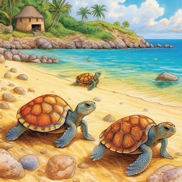 three turtles on the beach by the water generative ai