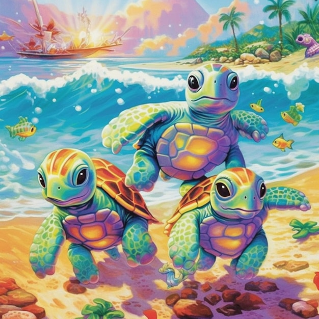 three turtles on the beach with a ship in the background generative ai