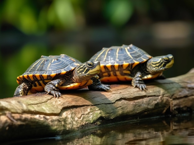 Three turtles on a rock in a pond