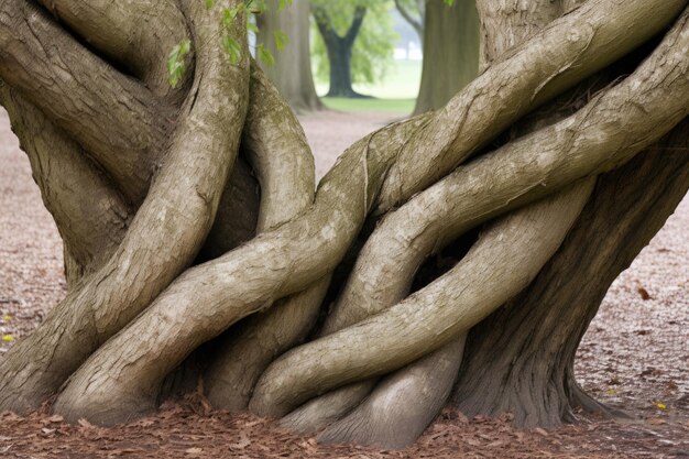 Three twisted tree trunks intertwined together