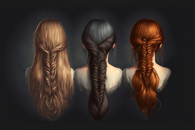 Photo three types of braiding hairstyles on different young girls