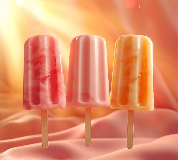 three types of different colored fruit ice on a stick like ice cream