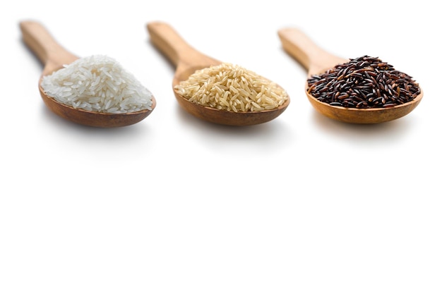 Three types of rice in the wooden spoons