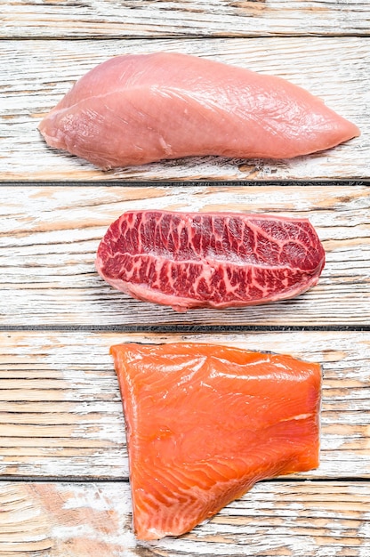 Three types of steaks on wooden table. Beef top blade, salmon fillet and Turkey breast. Organic fish, poultry and beef meat. White background. Top view.