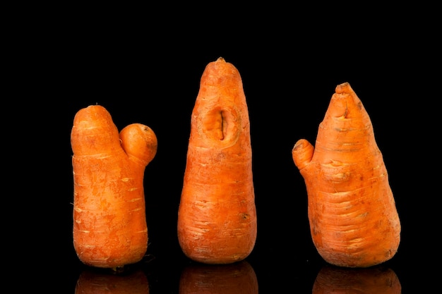 Three ugly carrots with unusual shapes are arranged in a row on black