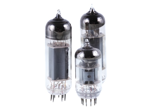 Three  vacuum electron tube. Isolated over white.