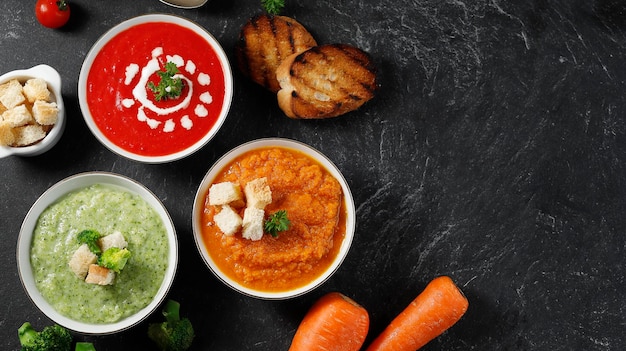 Foto tre vari vegetariani zuppa di verdure carote pomodoro broccoli congee cremoso concetto dieta alimentare