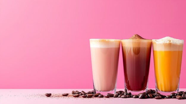 魅力的なピンクの背景空間に置かれた 3 つのさまざまなフレーバーのコーヒー グラス ジェネレーティブ AI