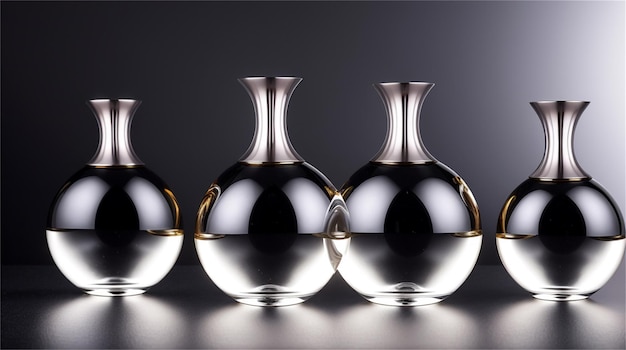 Three vases are lined up on a table, one of which is black and the other has a silver ring around the bottom.